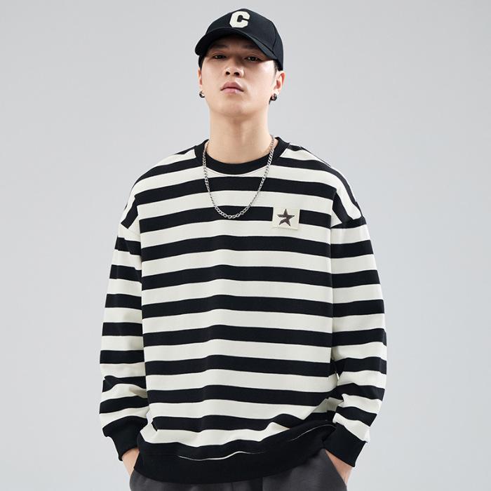 

Осенний полосатый свитер с круглым вырезом, мужской, свободный, большого размера, с длинным рукавом, повседневный, корейский, молодежный, модный бренд 2XL чёрный