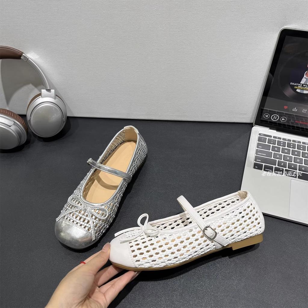 Ballet style bow hollow woven one-word buckle shallow mouth single shoes women's spring and summer 2025 new x Mary Jane shoes