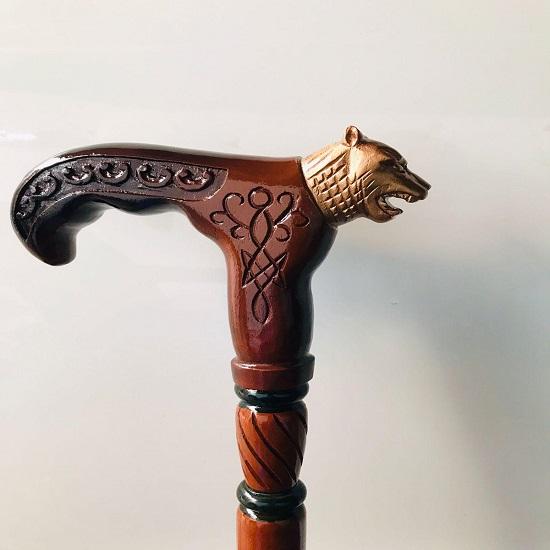 Handcrafted Tiger Head Walking Cane: Luxury Brass Wooden Stick