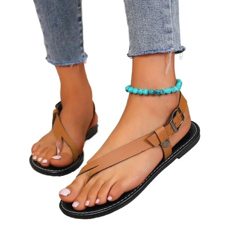 Pantofi de vară pentru femei 2024 Sandale de damă la modă cu cataramă cu degete descoperite Toc pătrat Cataramă dreaptă Pantofi de damă de culoare solidă