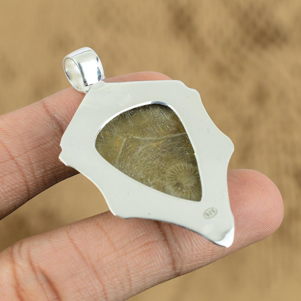 Fossil Coral Gemstone Birthday Engagement Anniversary Pendant Sterling Silver