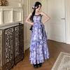 French Beautiful Dress Women's Summer New Butterfly Print Smudge Irregular Waist Suspender Long Dress