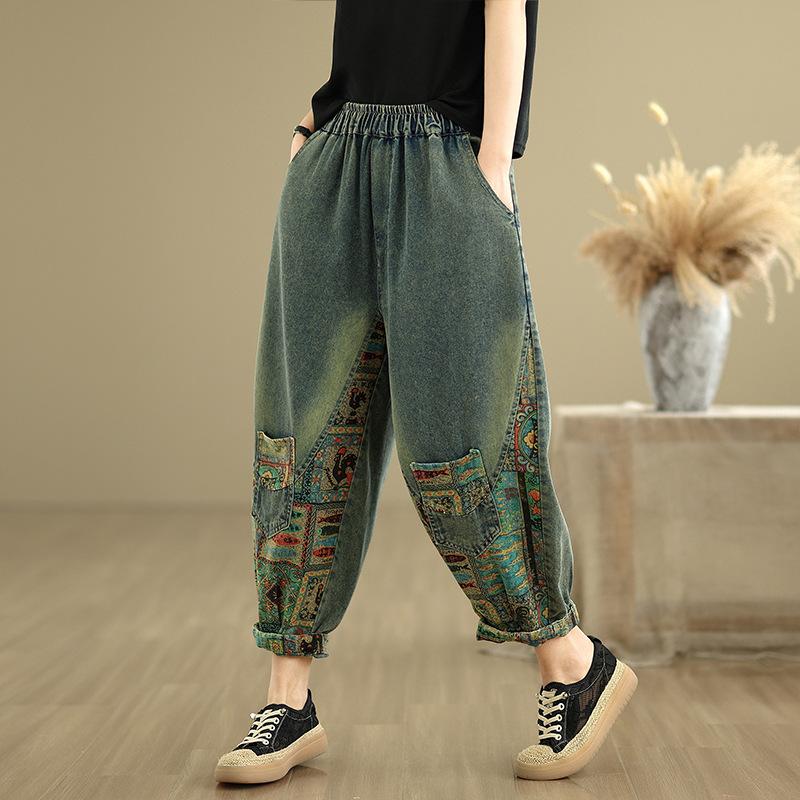 Vintage Splicing Loose Denim Pants Female High Waist Casual Harem Pants Women Autumn Fashion Pocket Jeans