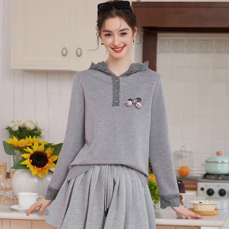 Bailuyu Relaxed Fit Lace Floral Hooded Sweatshirt XL