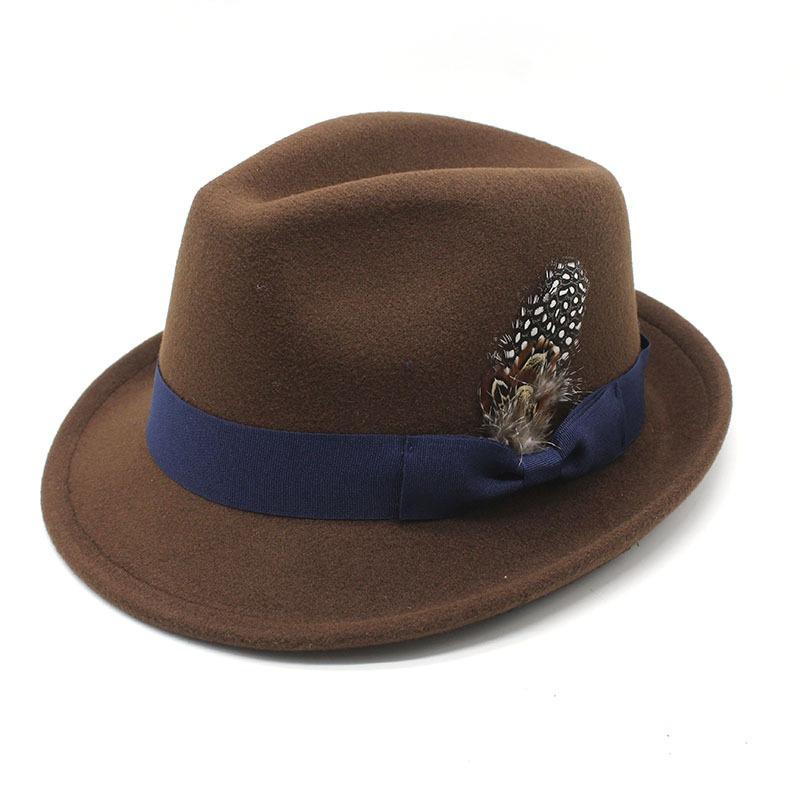 Herren Dicker Woll-Fedora-Hut mit Federbesatz Europäischer Stil