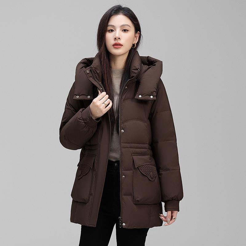 

Женская куртка средней длины из 90% натурального белого утиного пуха, издание 2024 года - Куртка с капюшоном большого размера для женщин среднего и пожилого возраста 4XL (136–150 jin)