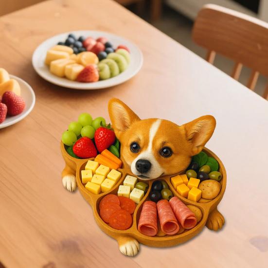Wooden Serving Tray with Multiple Compartments Rustic Dog Shape Cheese Meat Fruit Snack Board for Parties Family Dinners Farmhouse Decor Gift