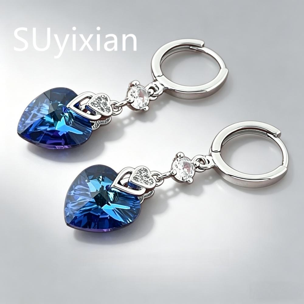 925 Sterling Silver Stylish Exquisite Blue Heart Crystal Zircon Earrings Birthday Party Anniversary Gift Ladies Jewelry