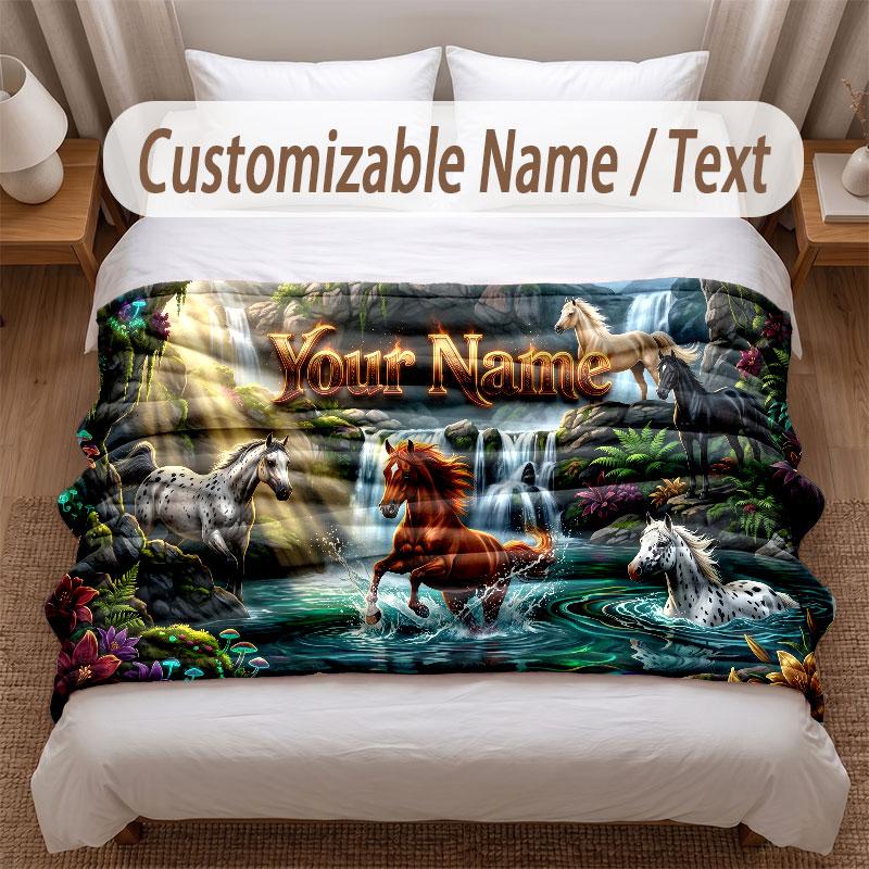 Horse Theme Soft Blanket Personalized Custom Name Text Print Warm Blanket Home Sofa Bedroom Decor