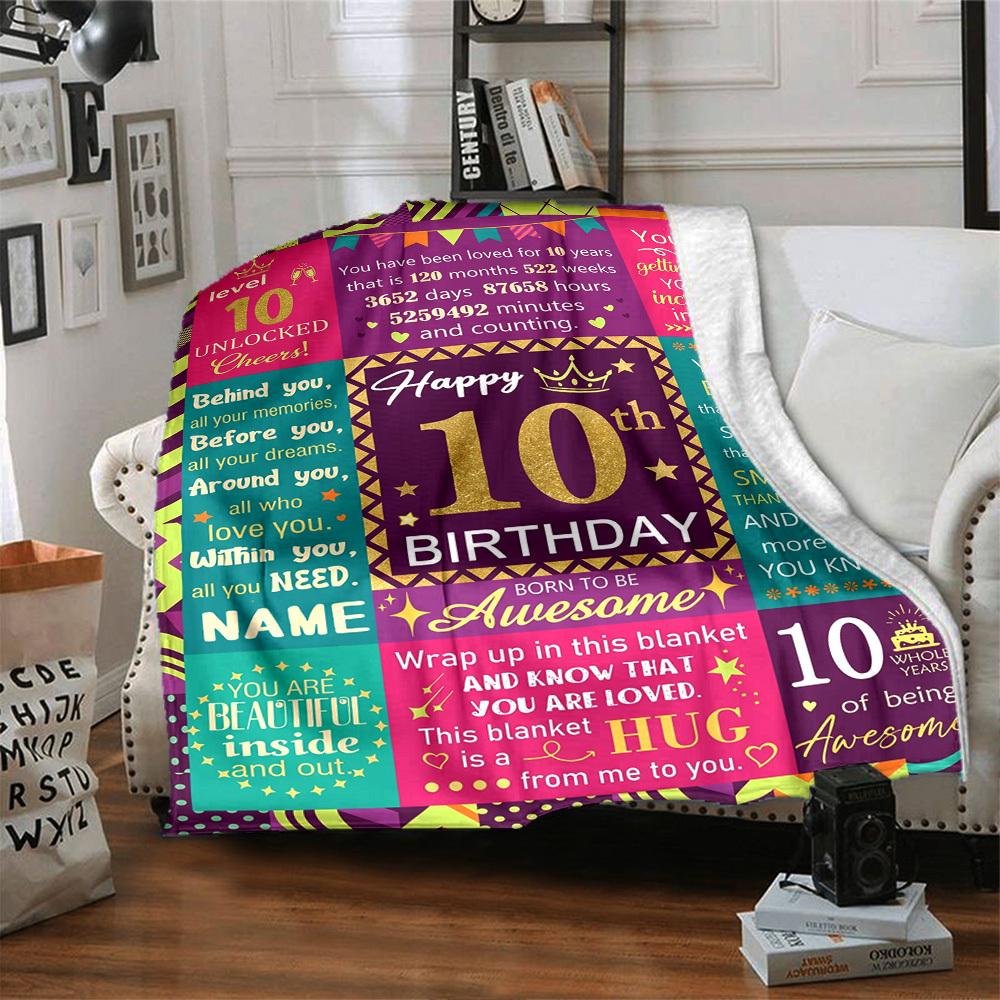 Happy 10Th Birthday Celebration Blanket Cozy Customizable Blanket Personalized Text Comfortable Texture Perfect For Sofa Couch Office Bed Picnics