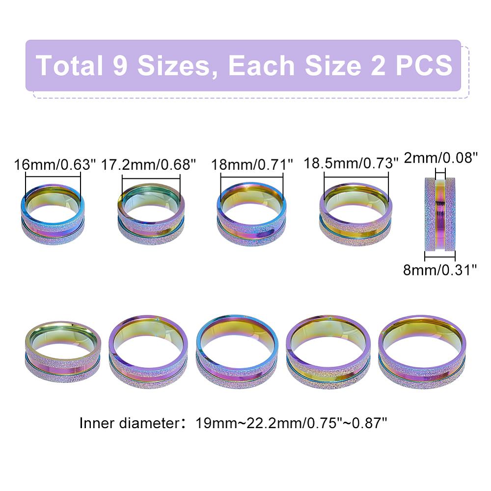 18Pcs 9 Size 201 Stainless Steel Grooved Finger Rings Set for Men Women, Rainbow Color, Inner Diameter: 16~22.2mm, Wide: 8mm, 2Pcs/size
