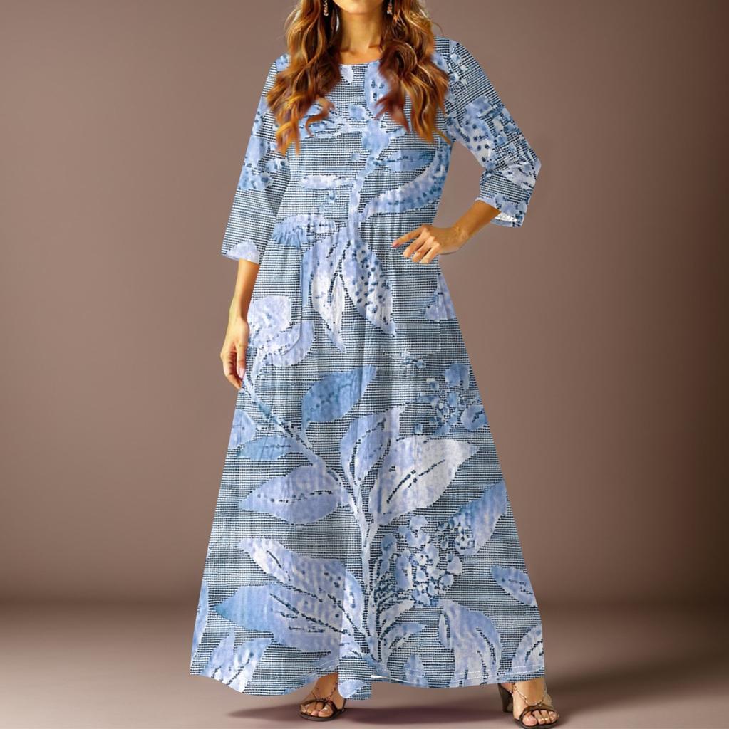 Women's Casual Fashion Floral Print Three-quarter Sleeve Long Dress With Pockets