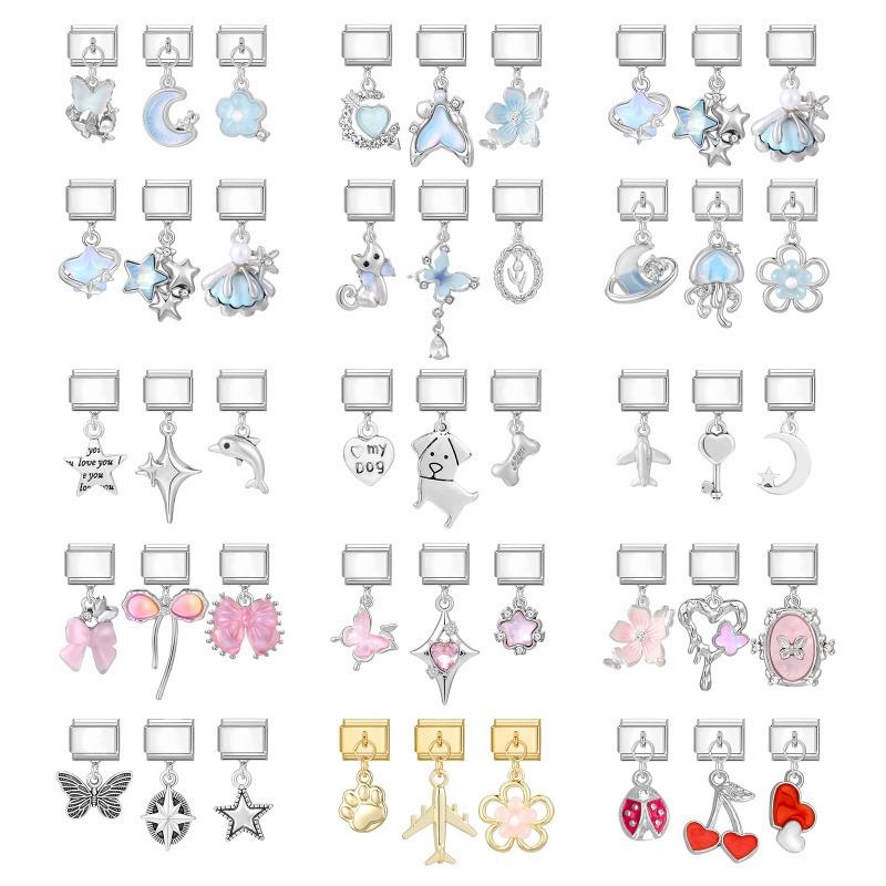 3Pcs/Set Brilliant Butterfly Moon Cherry Flowers Pendant Italian Charm Links Fit 9mm Stainless Steel Bracelet DIY Making Gift