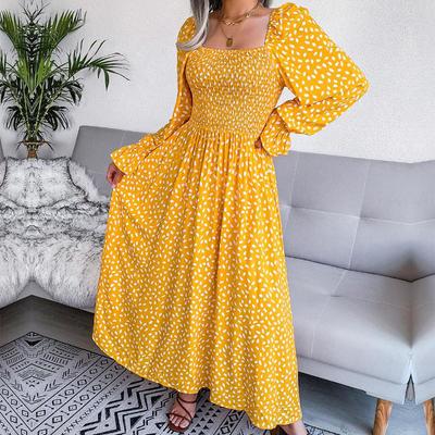 Fall Winter Square Neck Long Sleeve A Line Pleated Printed Long Dress S-XL