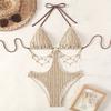 Women's Ribbed Cutout One-Piece Swimsuit Halter Monokini with Chain