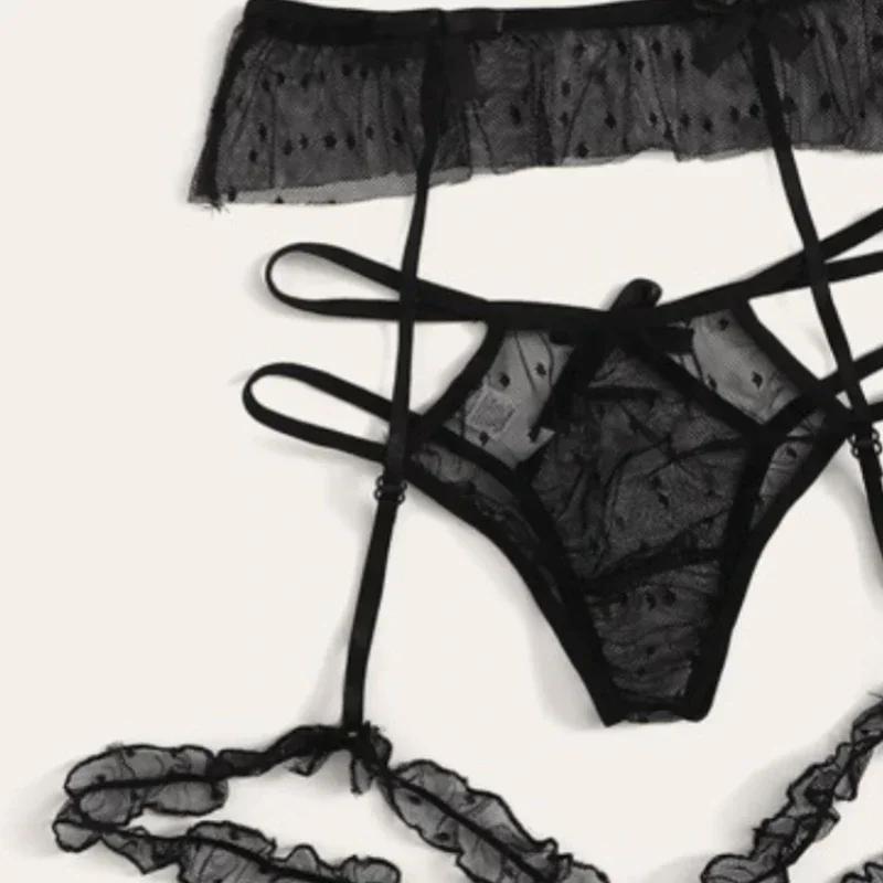 Sexy Women Lingerie Set Polka Dot Mesh Bra Thongs Garters Transparent Lace Underwear Exotic Sex Costume