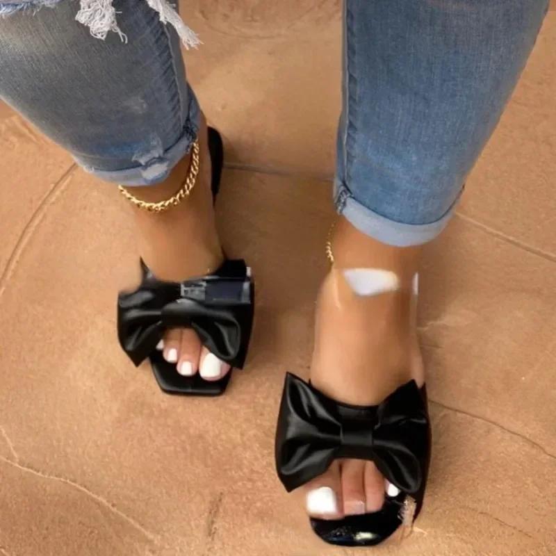 Fashion Shoes for Women Fashion Summer Plus Size Solid Color Bow Flat Sandals Outdoor Beach Slippers Women Shoes 36-43 Women Sandals
