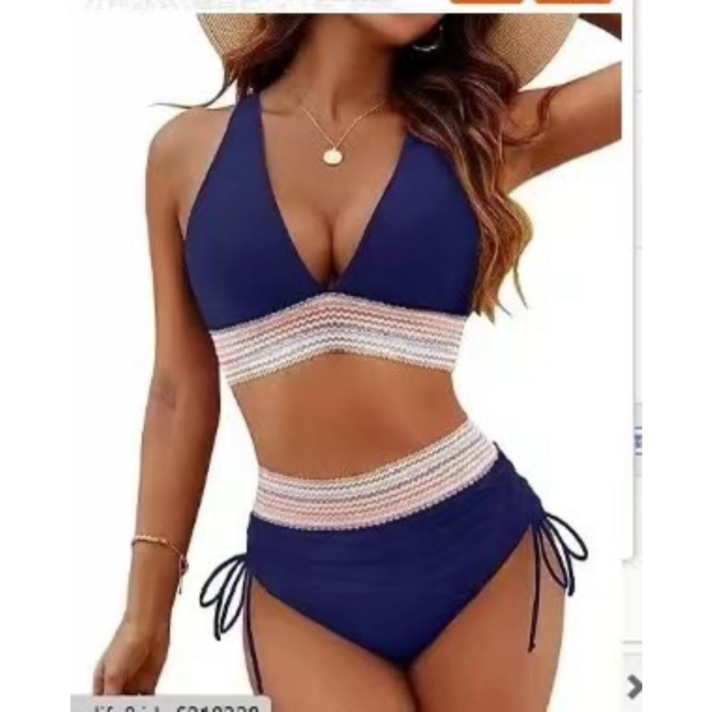 Women's High Waist Bikini Split Set V-Neck Tether Gathering Swimsuit