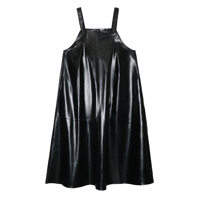 Yamamoto Women's Dark PU Leather Suspender Dress - Shiny, Loose-Fit, Spring/Autumn Fashion.