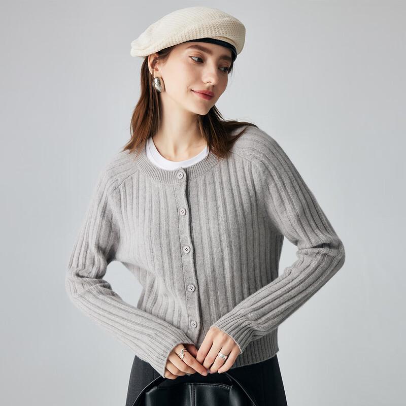 PALUOPO Women's Ribbed Jacquard Round Neck Cashmere Cardigan