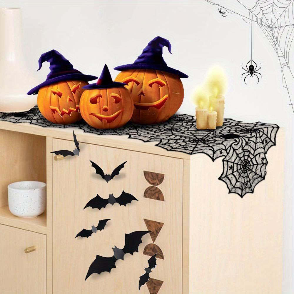 1pc Table Runner with 16 Pack 3D Bats, Spider Web Black Lace Table Runner for Kitchen Dinner Table Party Decoration Indoor