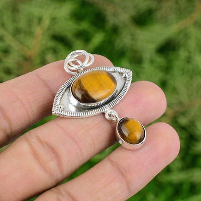 925 Sterling Silver Oval Natural Tigers Eye Bezel Engagement Pendant Jewelry