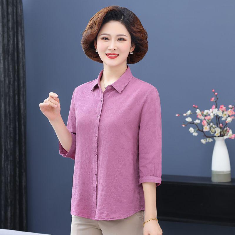 

Women s Three-Quarter Sleeve Solid Color Loose Shirt Cotton Summer Wear Pink L