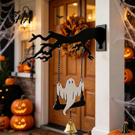 Halloween Decorations Wall Mounted Hanging Bell, Clear Sound Ghost/Bat Decorative Home Decor Dinner Bell for Outdoor Front Door Garden Porch