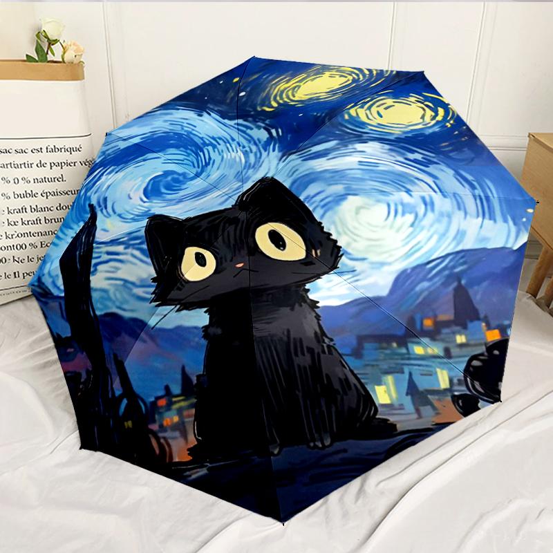 Starry Night Cat 8-Frame for Travel, Camping, Casual Lightweight Portable Umbrella, Essential for Every Family Holidays Birthday Gift