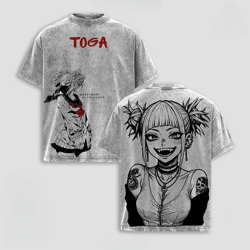 My Hero Academia Anime T-shirt Toga Himiko Gothic Washed Oversized T Shirt Men Women Clothing Short Sleeve Cotton Tees Tops S серый