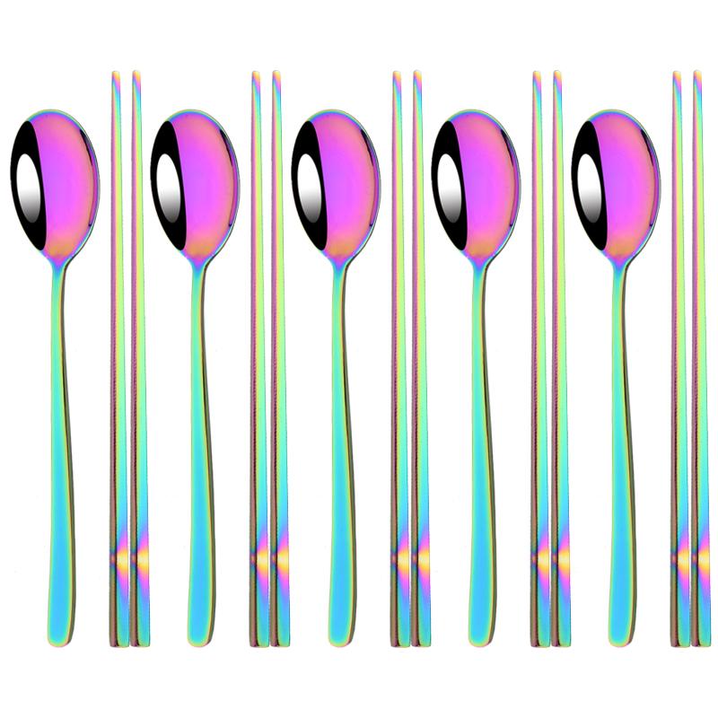 304 Stainless Steel Cutlery Set Sushi Sticks Dinner Spoons Set 10Pcs Dinnerware Korean Chopsticks Dessert Spoon Flatware Set