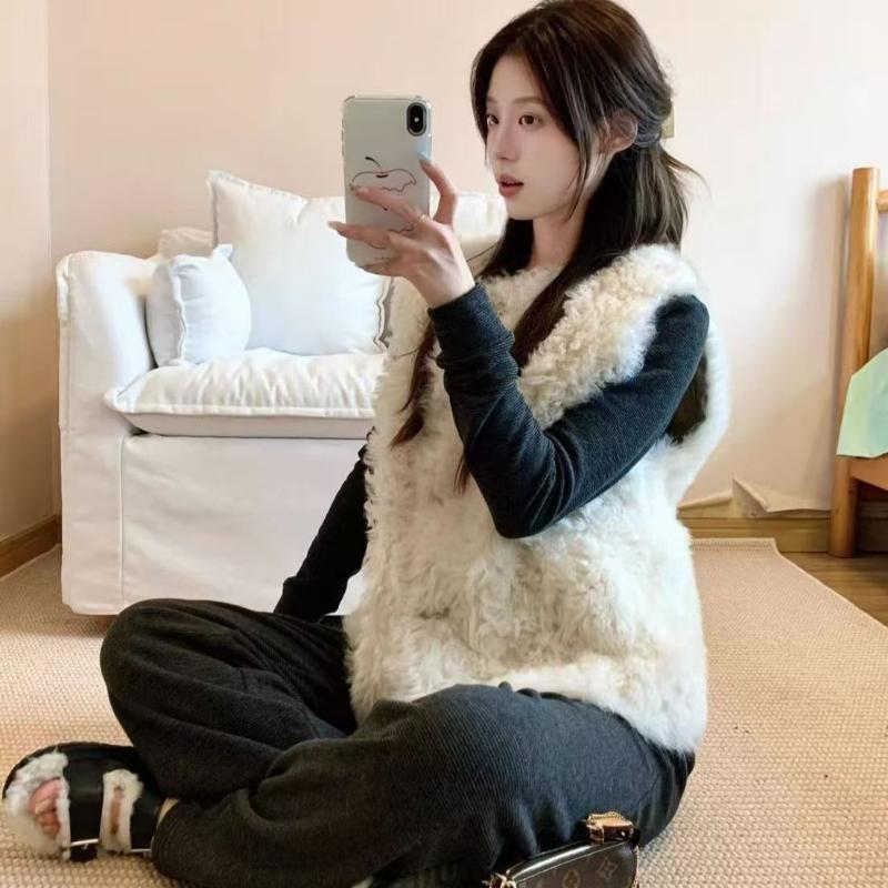 Damen Lammwollimitat Weiß Weste Koreanische Lockere Damen Rundhalsweste Herbst Bequem Vielseitig Weiblich Einreihige Jacke