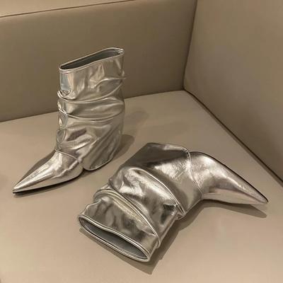 Autumn Winter Pleated Pointed Toe Women Ankle Boot Wedges Heels Banquet Prom Female Shoes Botas Mujer