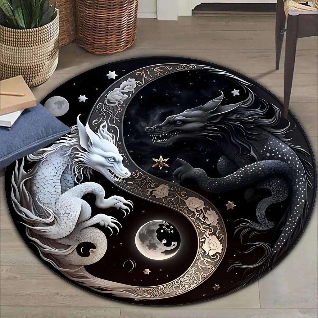 Yin Yang Round Rug Non-Slip Machine Washable Rug with Sakura Goldfish Dragon Lion Cat Tree Design for Living Room Bedroom