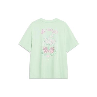 Li Ning Chinese Culture Series Bloempatroon Ronde Hals Korte Mouw T-Shirt Dames Tops Bamboe-Groen AHST428-3