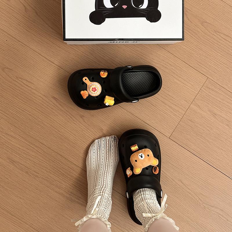 Fashion cute cartoon bear biscuits two wearing hole shoes women's summer new thick-soled heightening breathable slippers