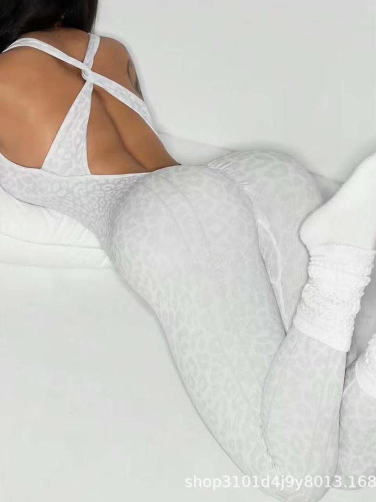 Tuta da Fitness Senza Cuciture da Donna con Stampa Leopardo, Imbottitura Elastica sul Petto e Pantaloni Lunghi