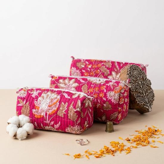 Cosmetic Bag Usalover925 Pink Quilted Cotton Floral Print Cosmetic Bag 03