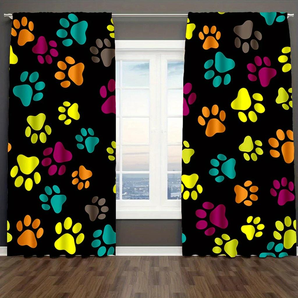 2pcs Colorful Pet Paw Print Pattern Curtains, Designed for Light Blocking, Premium Material, Suitable for Pet Lover's Room, Livi