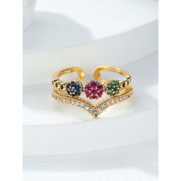 Golden Double Layer V Shaped Open Ring Fashionable Personalized Versatile Micro Inlaid Zircon Ring