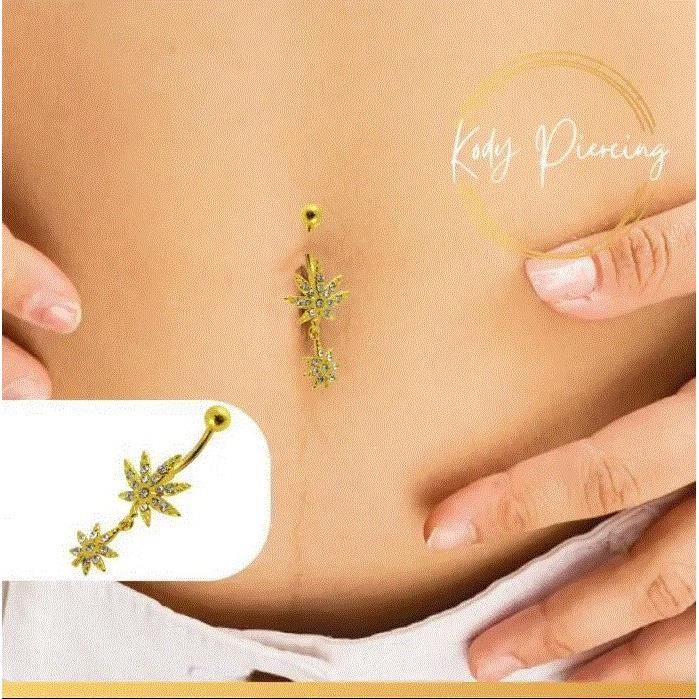 

KODY PIERCING 14k Yellow Gold Plated Double Leaf Navel with Inlaid Zircons