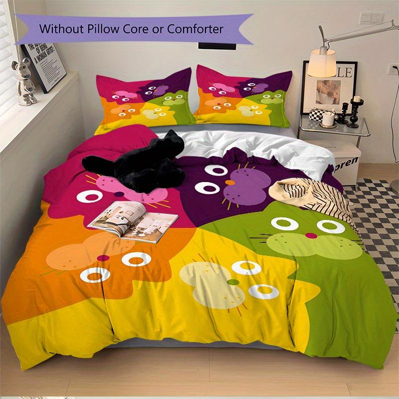 3pcs Colorful Cats Bedding Set, Ideal for Home Use, Suitable for Bedroom Decor (1*Duvet Cover + 1/2*Pillowcases, No Core) yy250821191