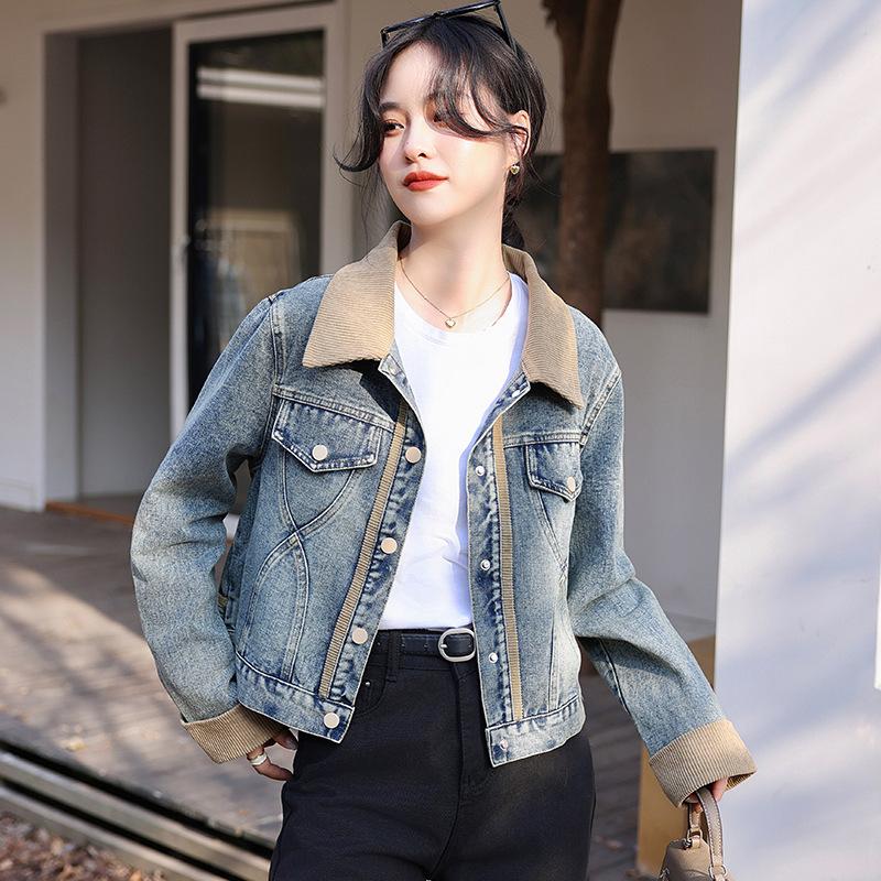 

Retro contrasting color splicing denim jacket women s spring loose design sense niche small short jacket top tide 2XL