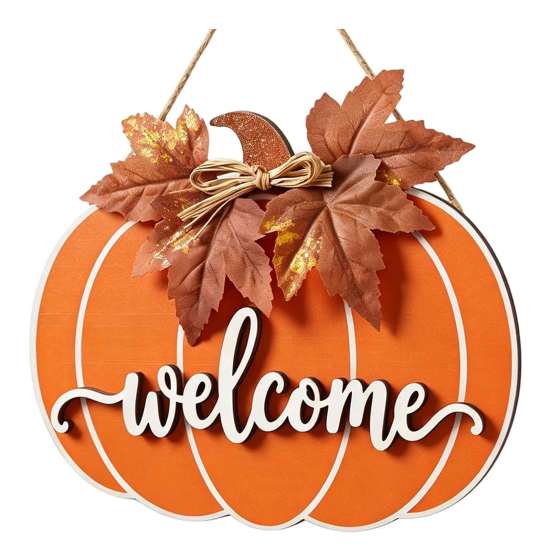 3D Embossed Welcome Text Wooden Pumpkin Sign for Front Door, Rustic Fall Harvest Hanging Pendant with Thanksgiving Party Supplies Letters And