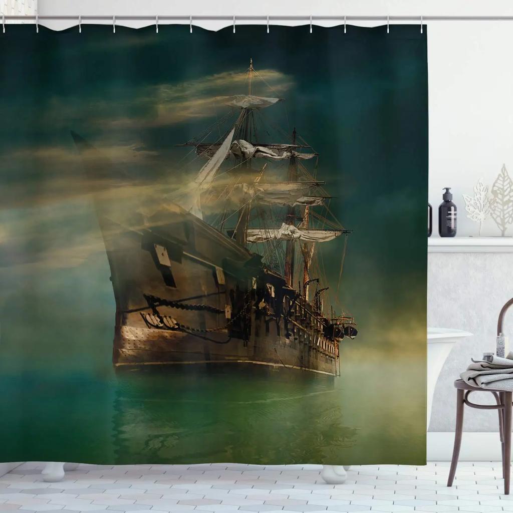 Pirate Ship Shower Curtain for Nautical Bathroom Fantasy Ocean Vintage Pirate Ship Bath Curtains Polyester Decor with 12 Hooks