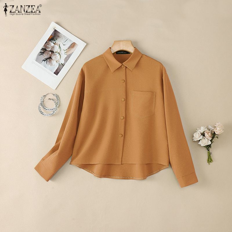 ZANZEA Women Casual Turn Down Collar Long Sleeve Loose Blouse