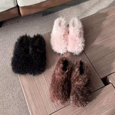 Flat-bottomed Bag Head Fluffy Slippers Women's Outer Wear Velvet Warm Non-slip Internet Celebrities Autumn and Winter 2025 New Cotton Slippers