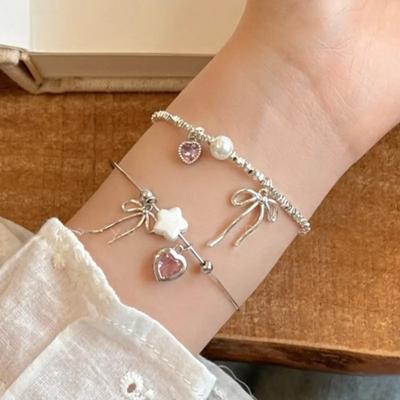 925 Silver Pearl Bracelet Women Girls Vintage Korean Pink Love Bow Chain Party Jewelry Luxury Gift