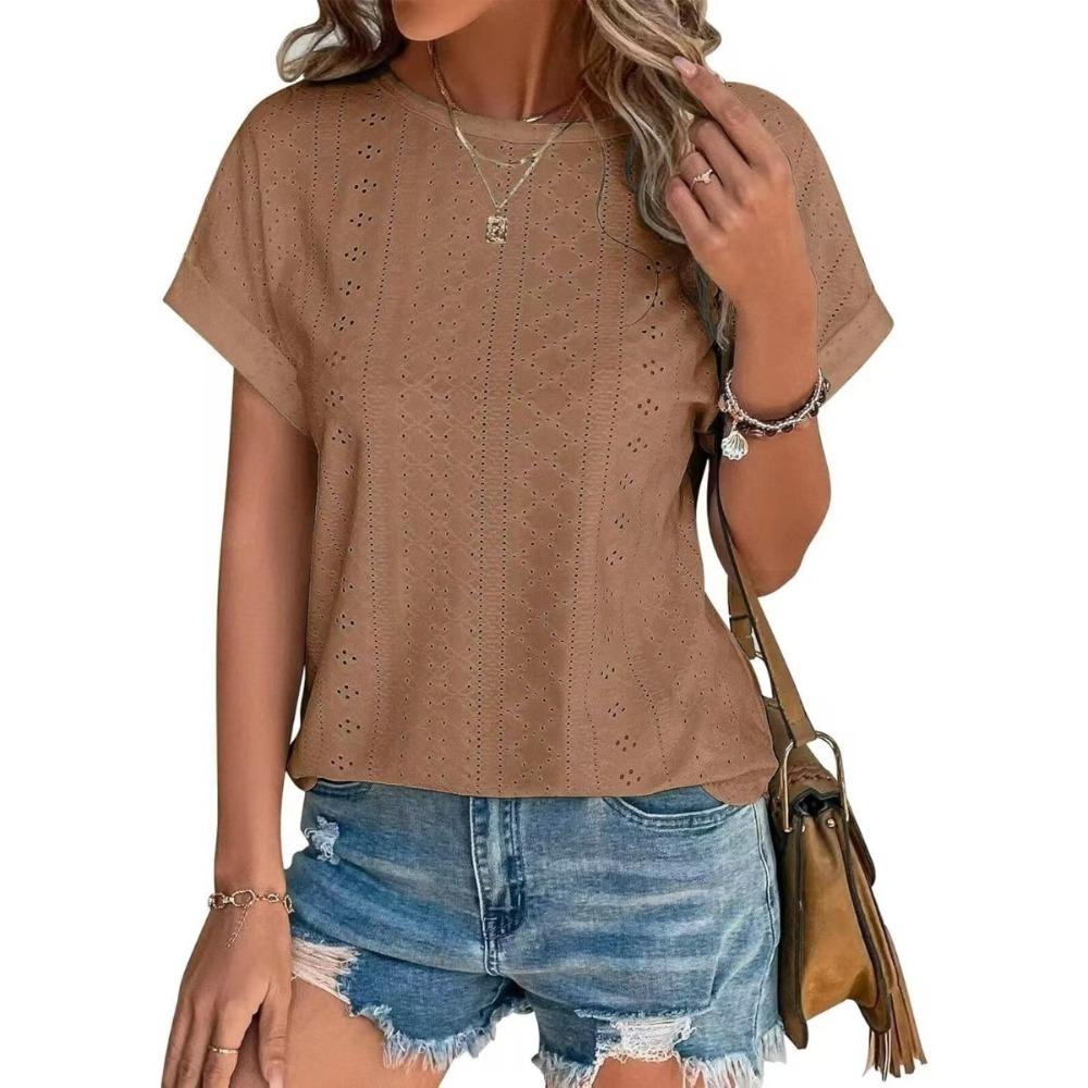 Top Eyelets Summer Spring Curved Hem, Casual Women's Short Sleeved Fashionable T-shirt Beach Vacation Short Style