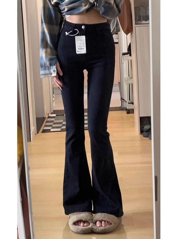 Hong Kong Retro High-Waisted Skinny Flare Jeans - Women's Spring Elastic Fit Straight Legs